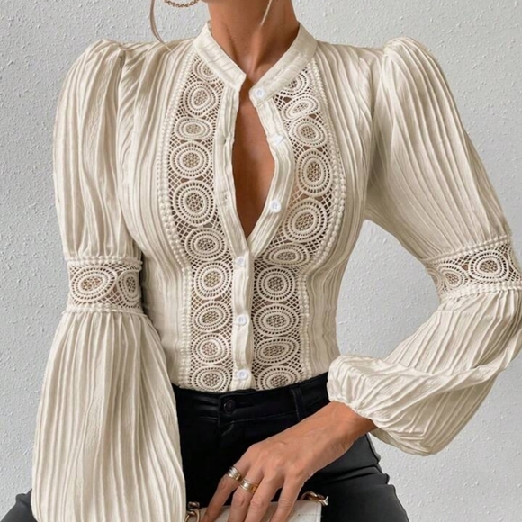 Tops - Women's Lace Splicing Lantern Sleeve Shirt